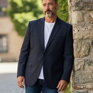 Vtg Gerald Austin Navy Wool Suit Jacket Blazer Men 56R Corpcore Tailored Hopsack